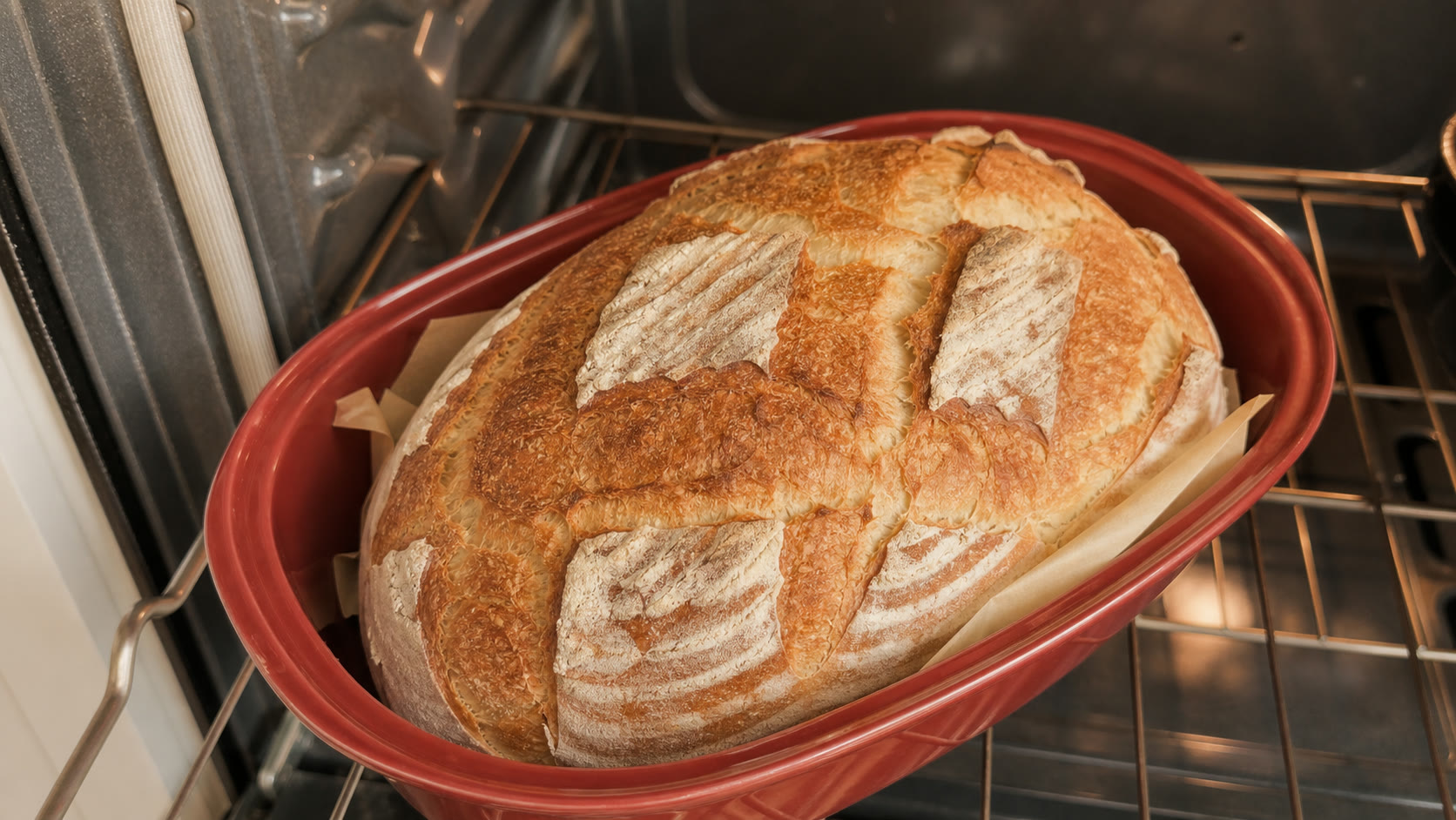 Decoratively scored hybrid bread baking in a red ceramic baker